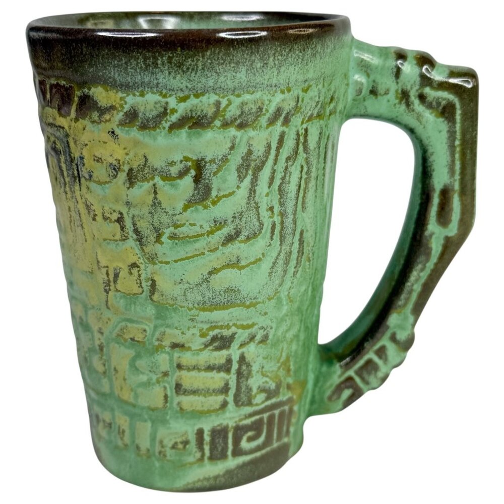Frankoma Pottery Mug Mayan Aztec Prairie Green Brown Tall 12 OZ Vintage USA